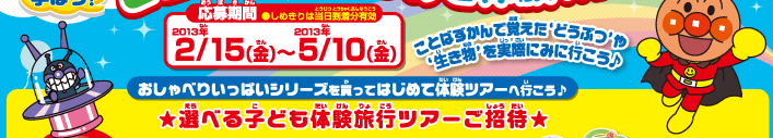 応募期間　しめきりは当日到着分有効　2013年2月15日（金）〜5月10日（金）選べる子供体験旅行ツアーご招待
