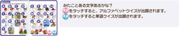 みたことある文字あるかな？クイズ①をタッチすると、アルファベットクイズが出題されます。クイズ②をタッチすると単語クイズが出題されます。