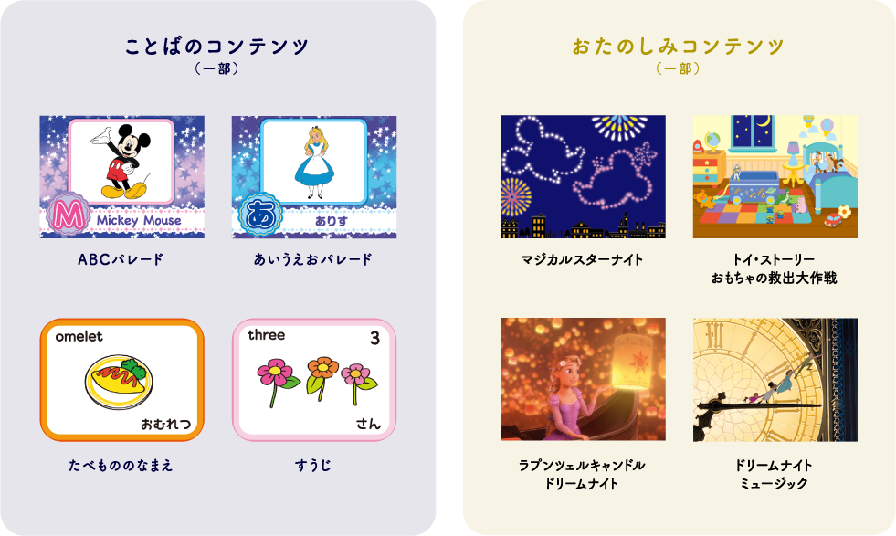 ことばのコンテンツ(一部)ABCパレード あいうえおパレード たべもののなまえ すうじ おたのしみコンテンツ(一部)マジカルスターナイト トイ・ストーリー おもちゃの救出大作戦 ラプンツェルキャンドル ドリームナイト ドリームナイト ミュージック