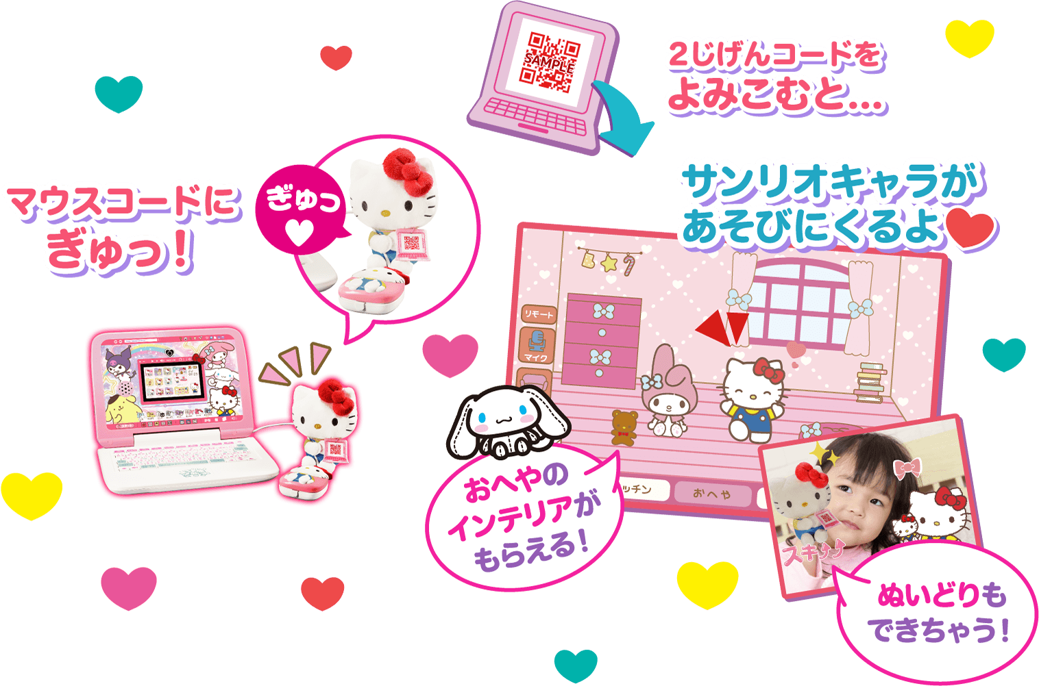 マウスコードにぎゅっ!2じげんコードをよみこむと…サンリオキャラがあそびにくるよ。おへやのインテリアがもらえる!ぬいどりもできちゃう!