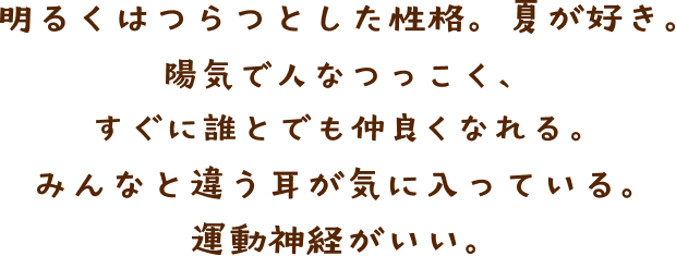 明るくはつらつとした性格。夏が好き。 陽気で人なつっこく、すぐに誰とでも仲良くなれる。 みんなと違う耳が気に入っている。 運動神経がいい。