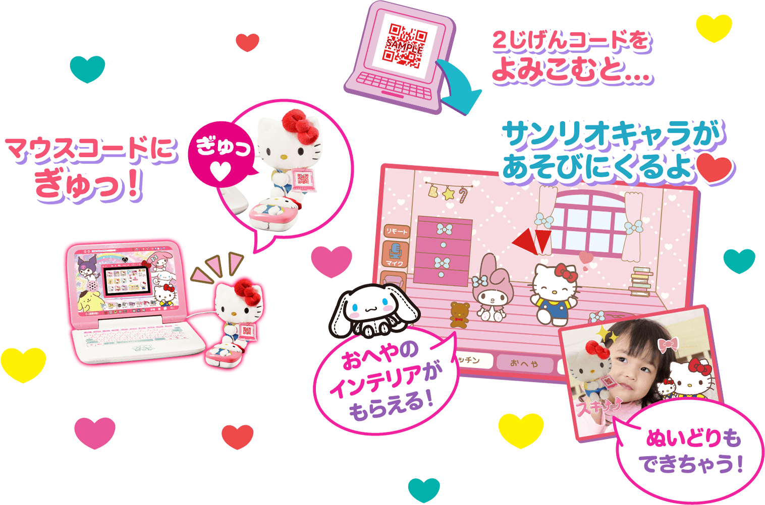 マウスコードにぎゅっ！2じげんコードをよみこむと…サンリオキャラがあそびにくるよ。おへやのインテリアがもらえる！ぬいどりもできちゃう！