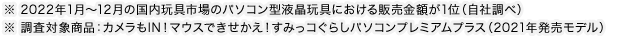 ※2022年1月～12月の国内玩具市場のパソコン型液晶玩具における販売金額が1位（自社調べ）※調査対象商品：カメラもIN！マウスできせかえ！すみっコぐらしパソコンプレミアムプラス（2021年発売モデル）